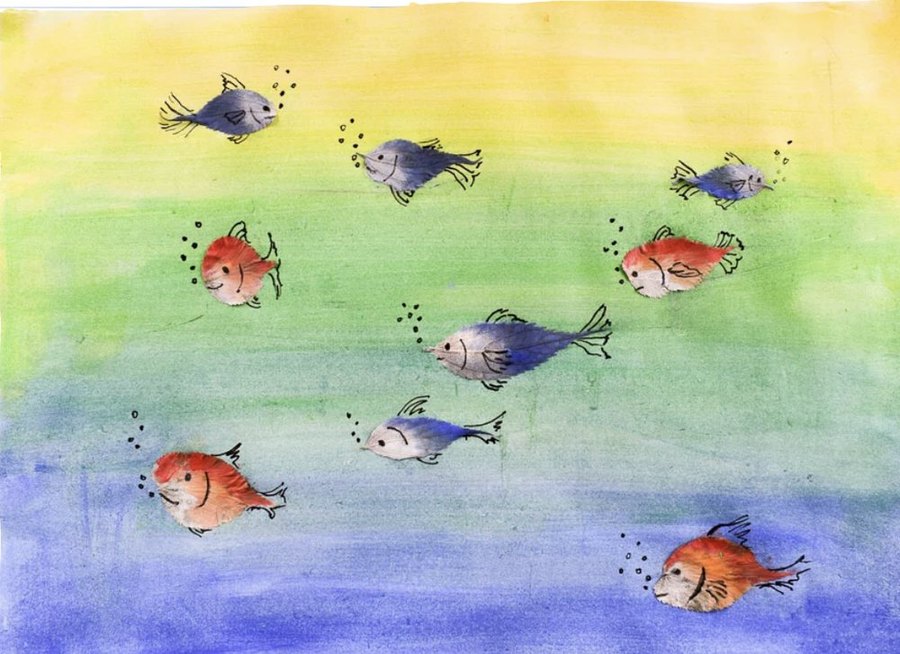 Leafy Fishies craft: painted leaves turned into a school of fish in an underwater scene